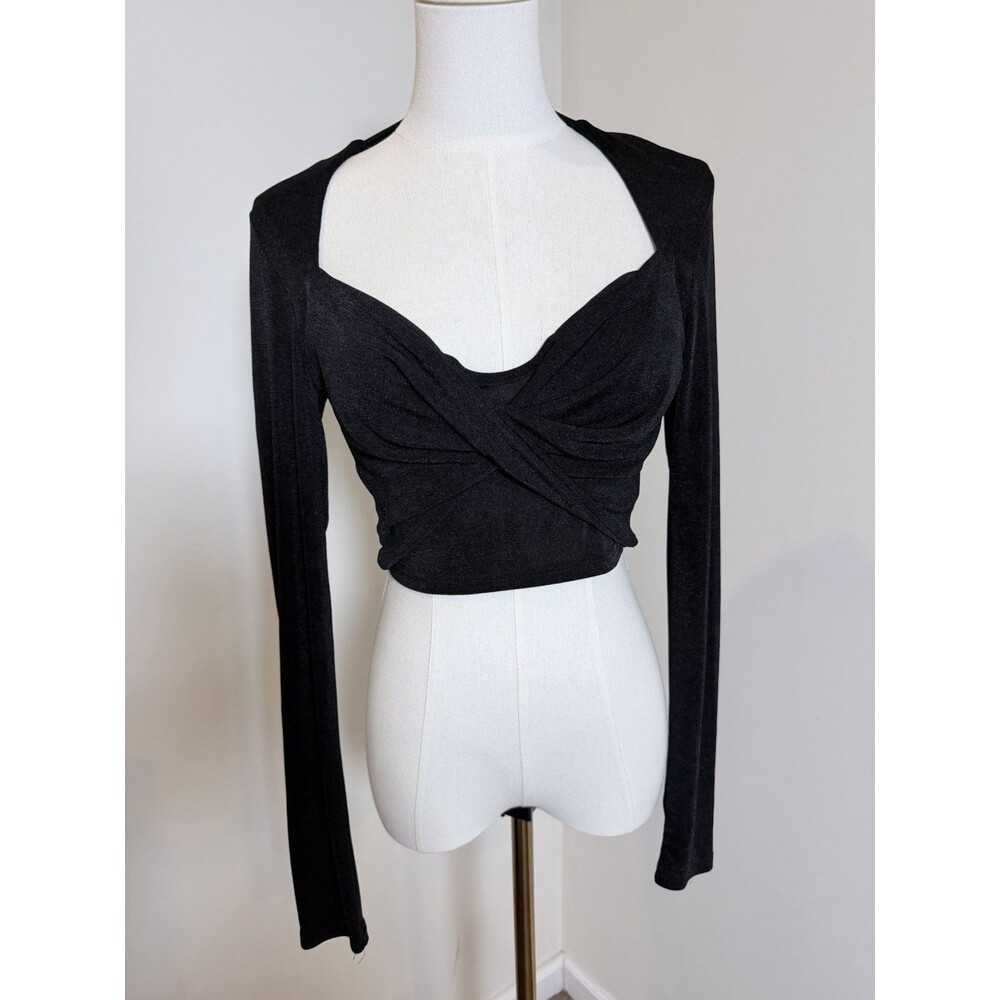 MABLE Women’s Black Twist Front Crop Top Size M Long Sleeve Sweetheart Y2K
